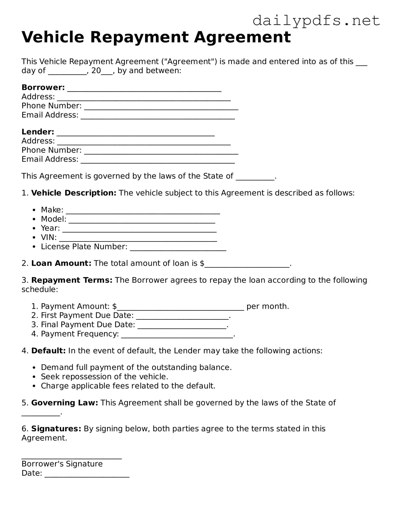 Printable Vehicle Repayment Agreement Document