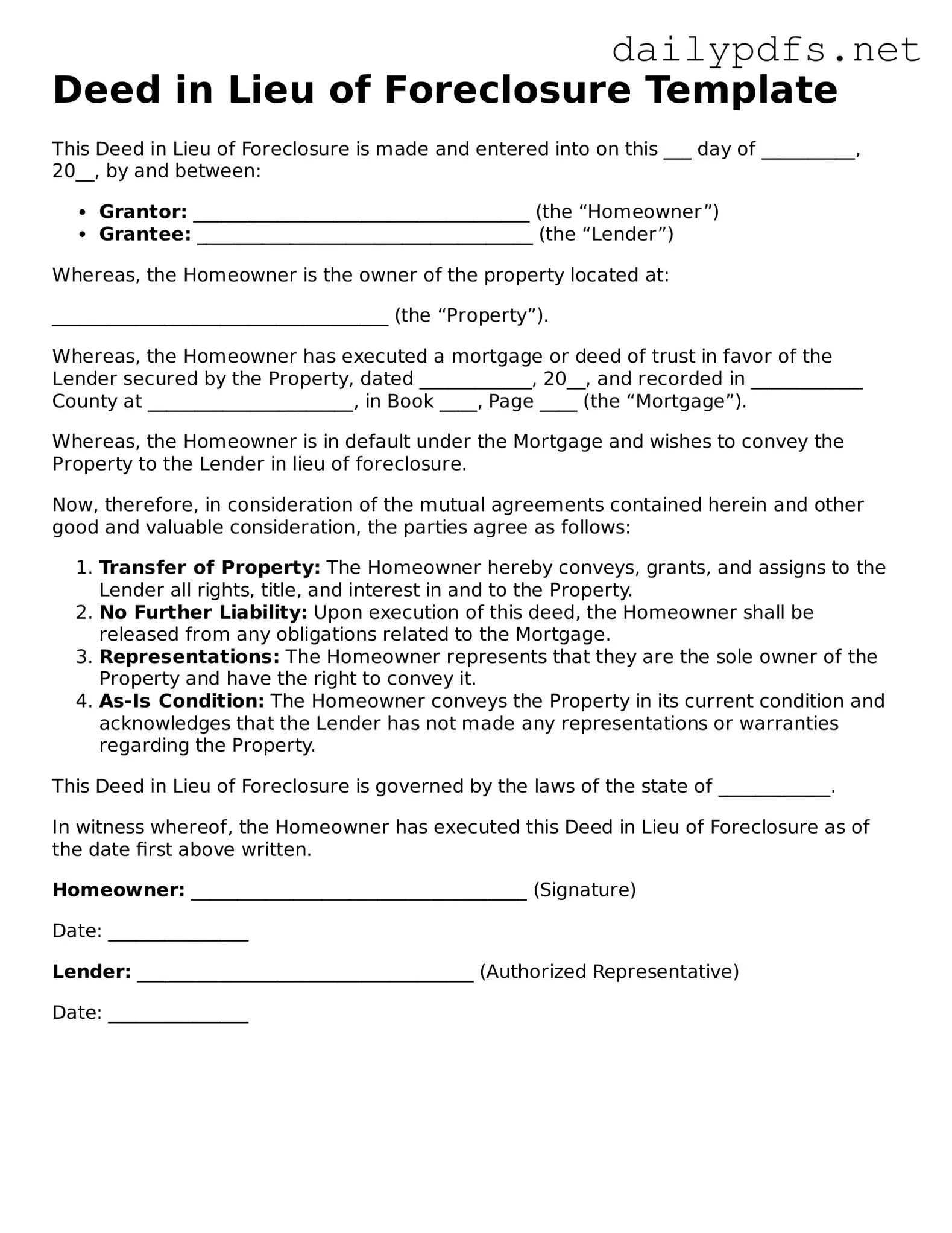 Printable Deed in Lieu of Foreclosure Document