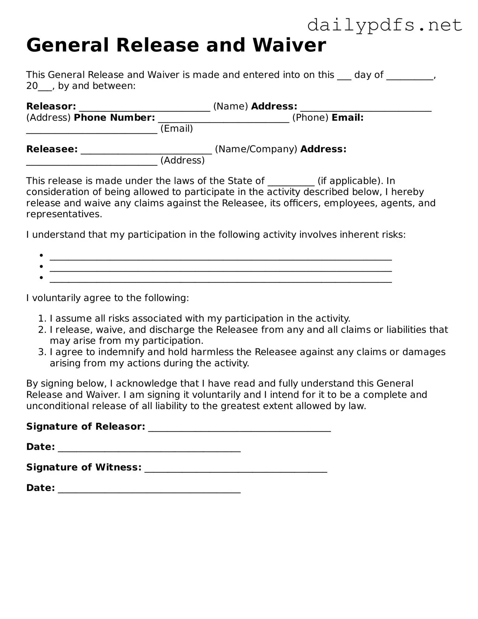 Printable General Release and Waiver Document