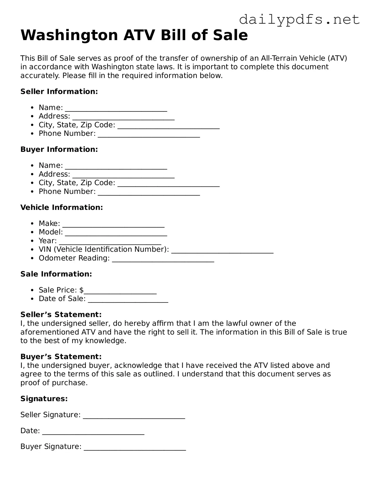Free  ATV Bill of Sale Template for Washington