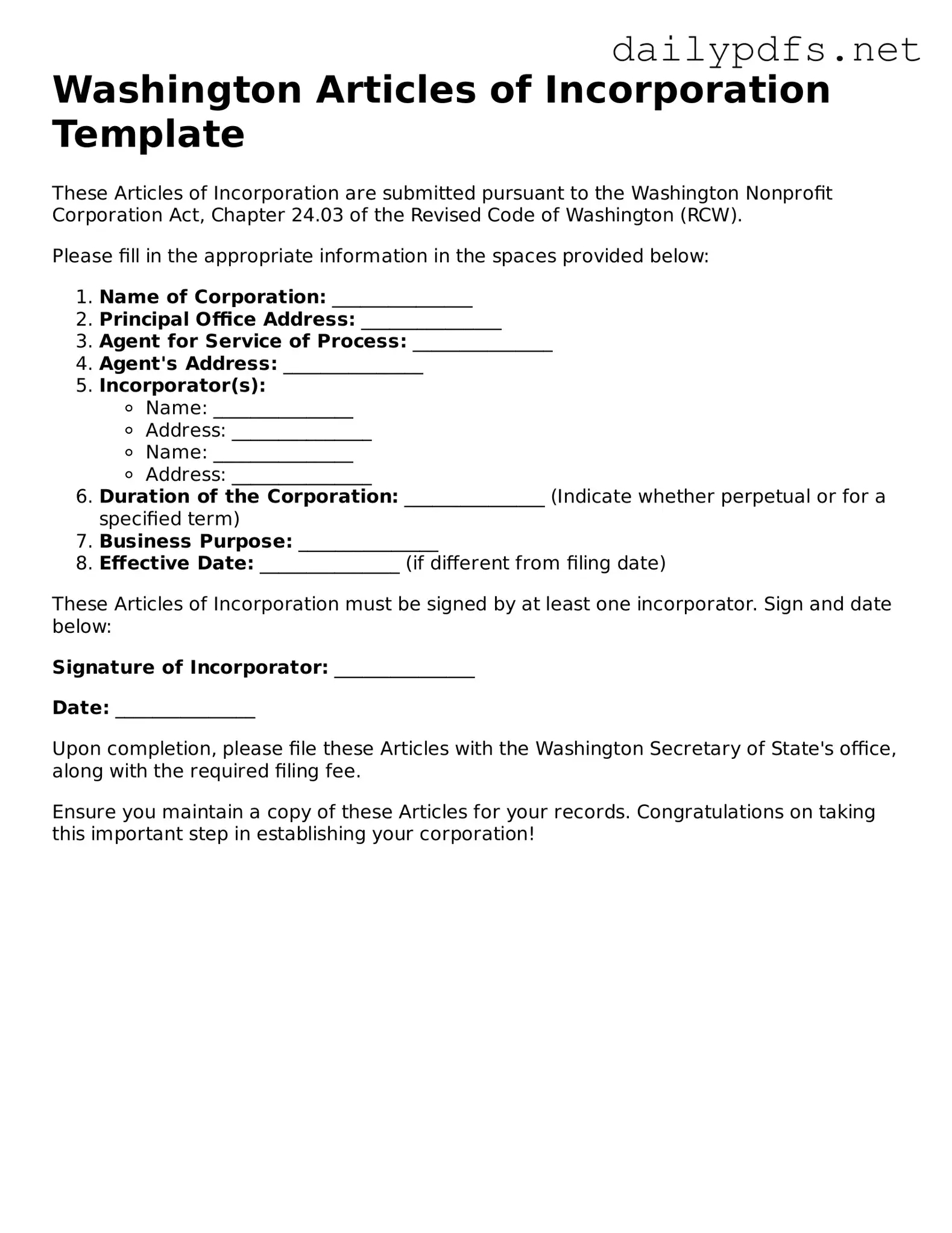 Free  Articles of Incorporation Template for Washington