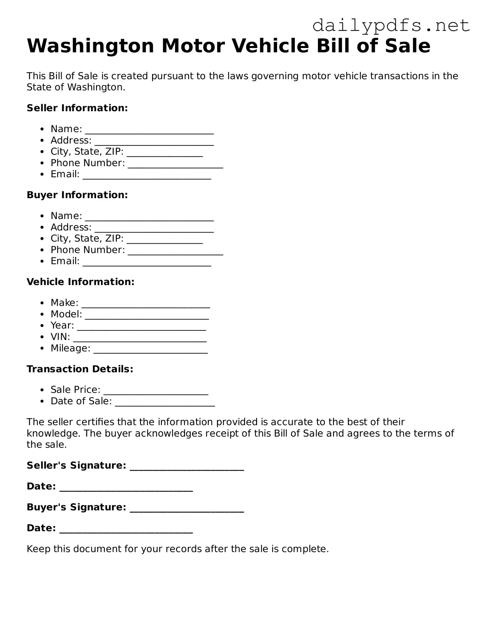 Free  Motor Vehicle Bill of Sale Template for Washington