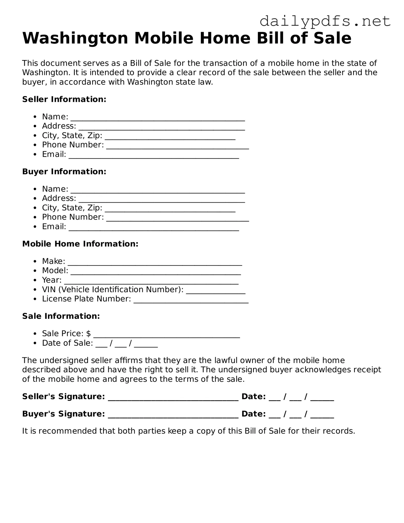 Free  Mobile Home Bill of Sale Template for Washington