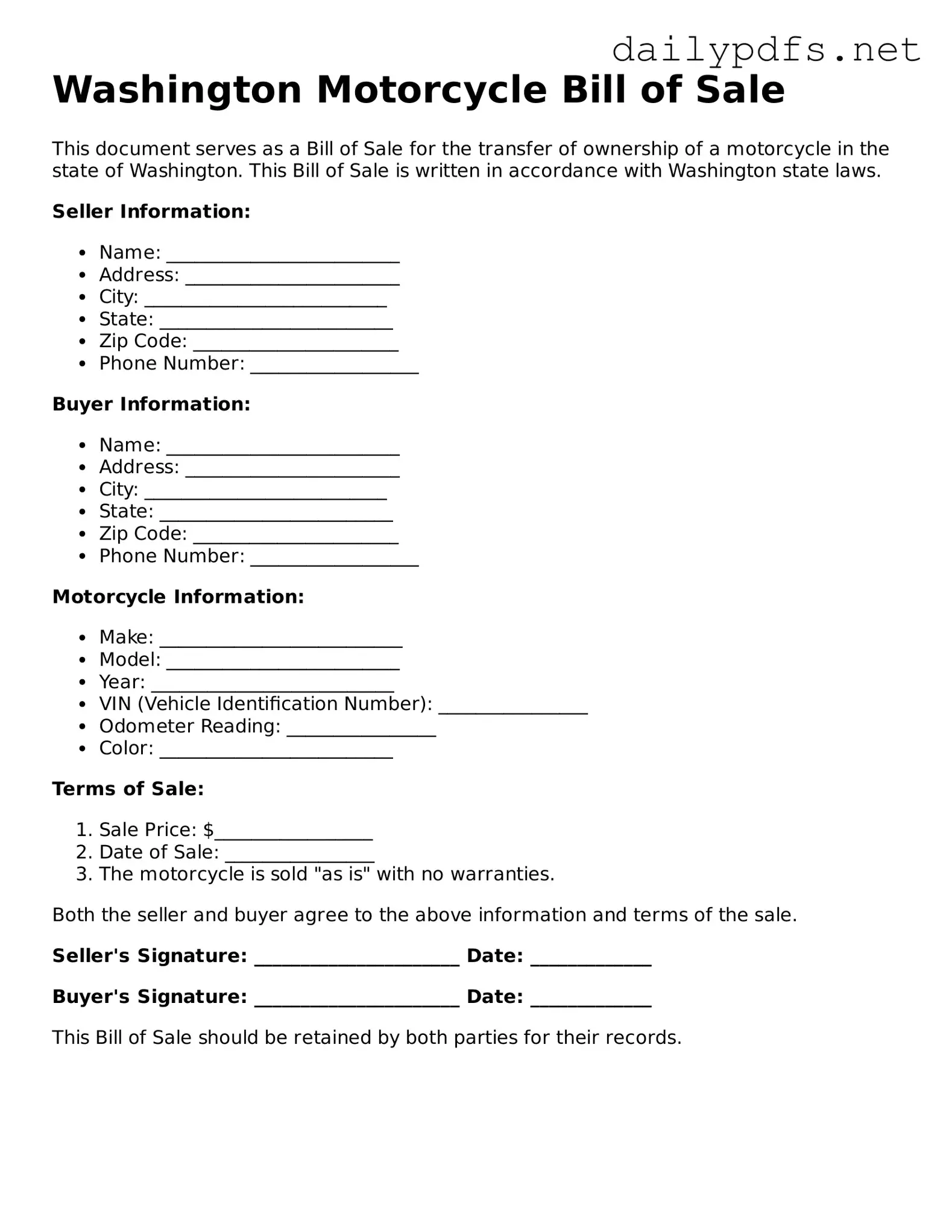 Free  Motorcycle Bill of Sale Template for Washington