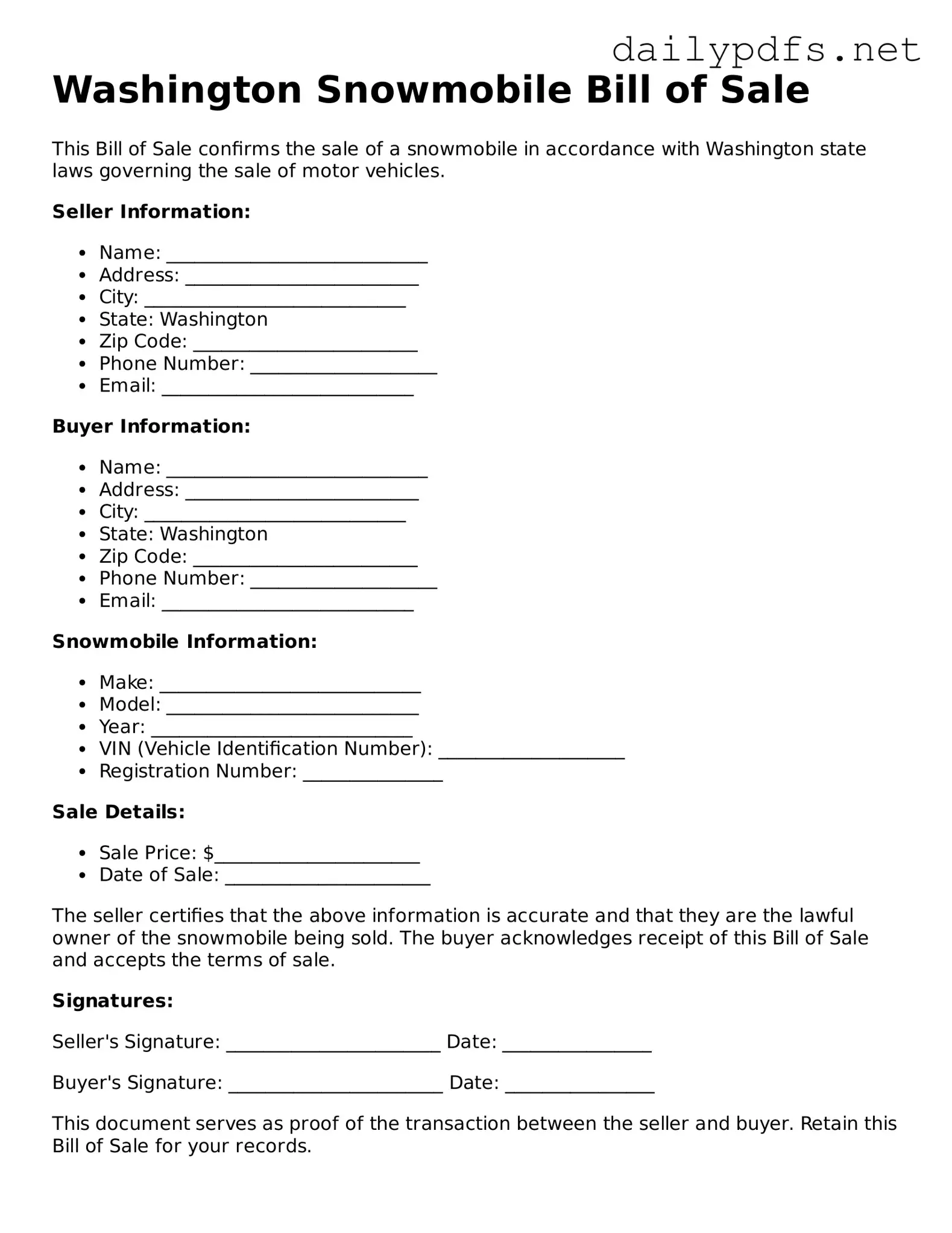Free  Snowmobile Bill of Sale Template for Washington