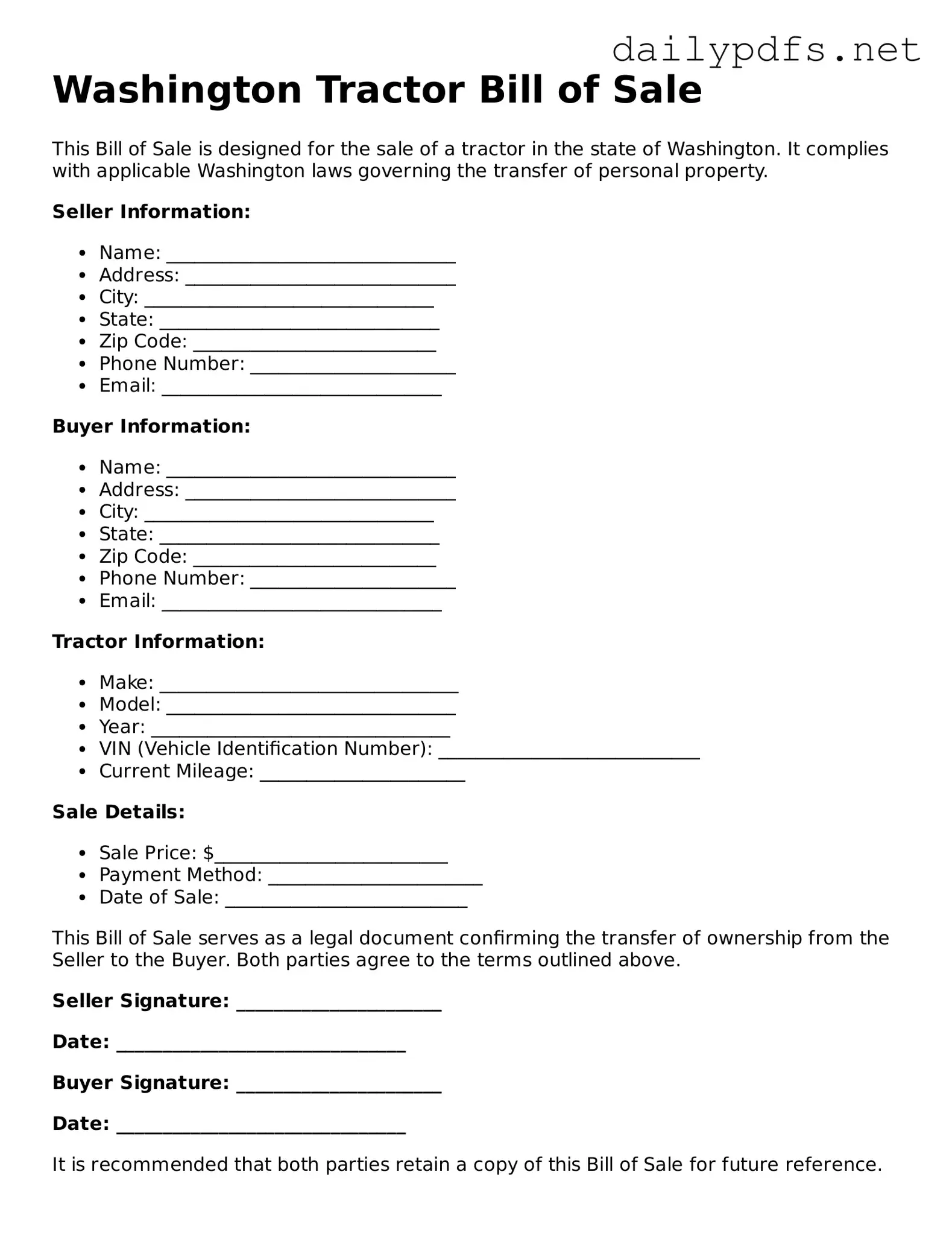Free  Tractor Bill of Sale Template for Washington