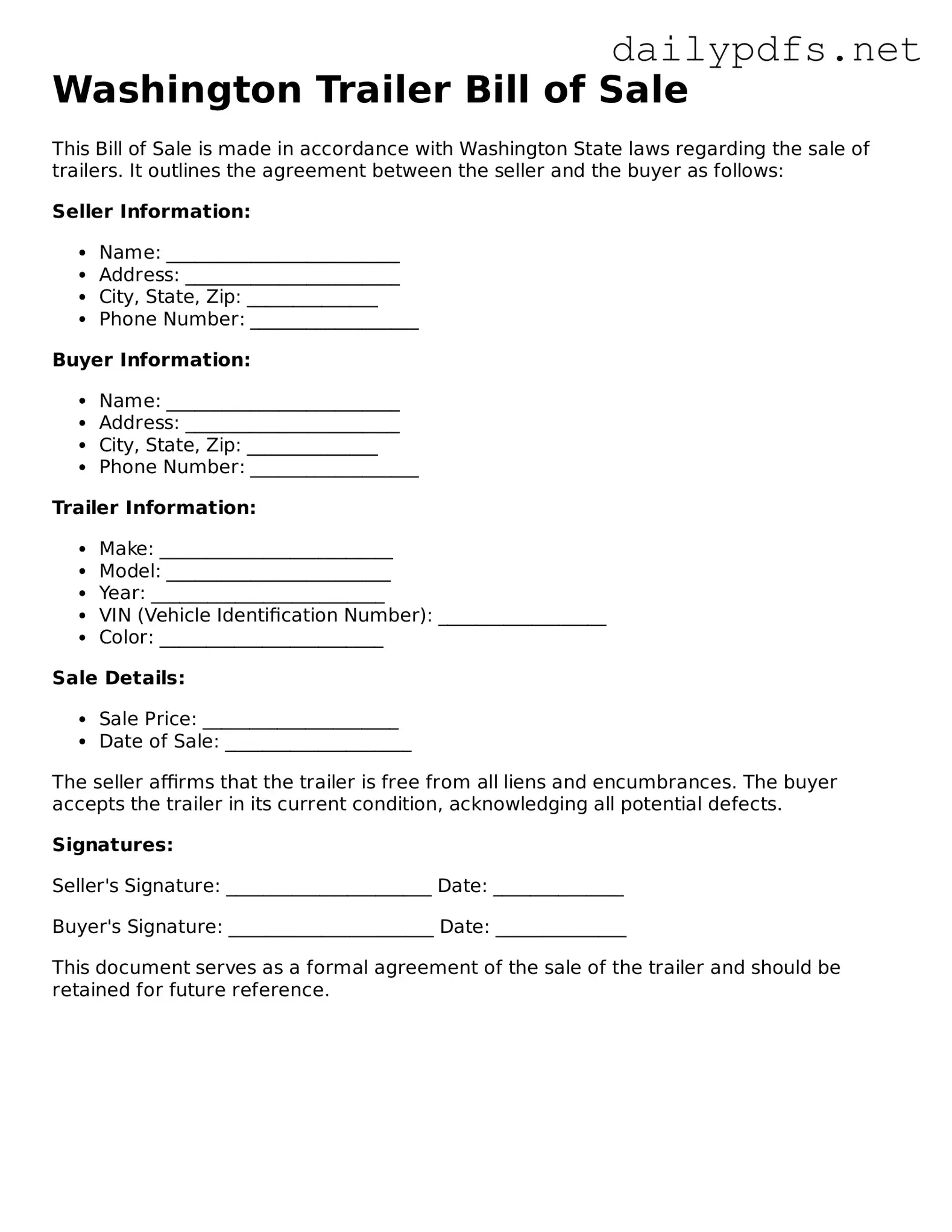 Free  Trailer Bill of Sale Template for Washington