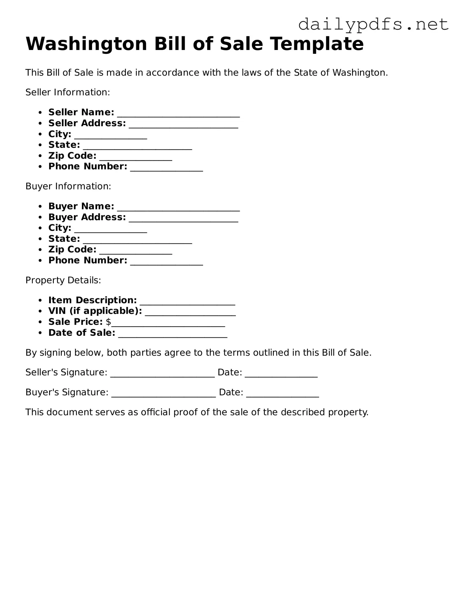 Free  Bill of Sale Template for Washington