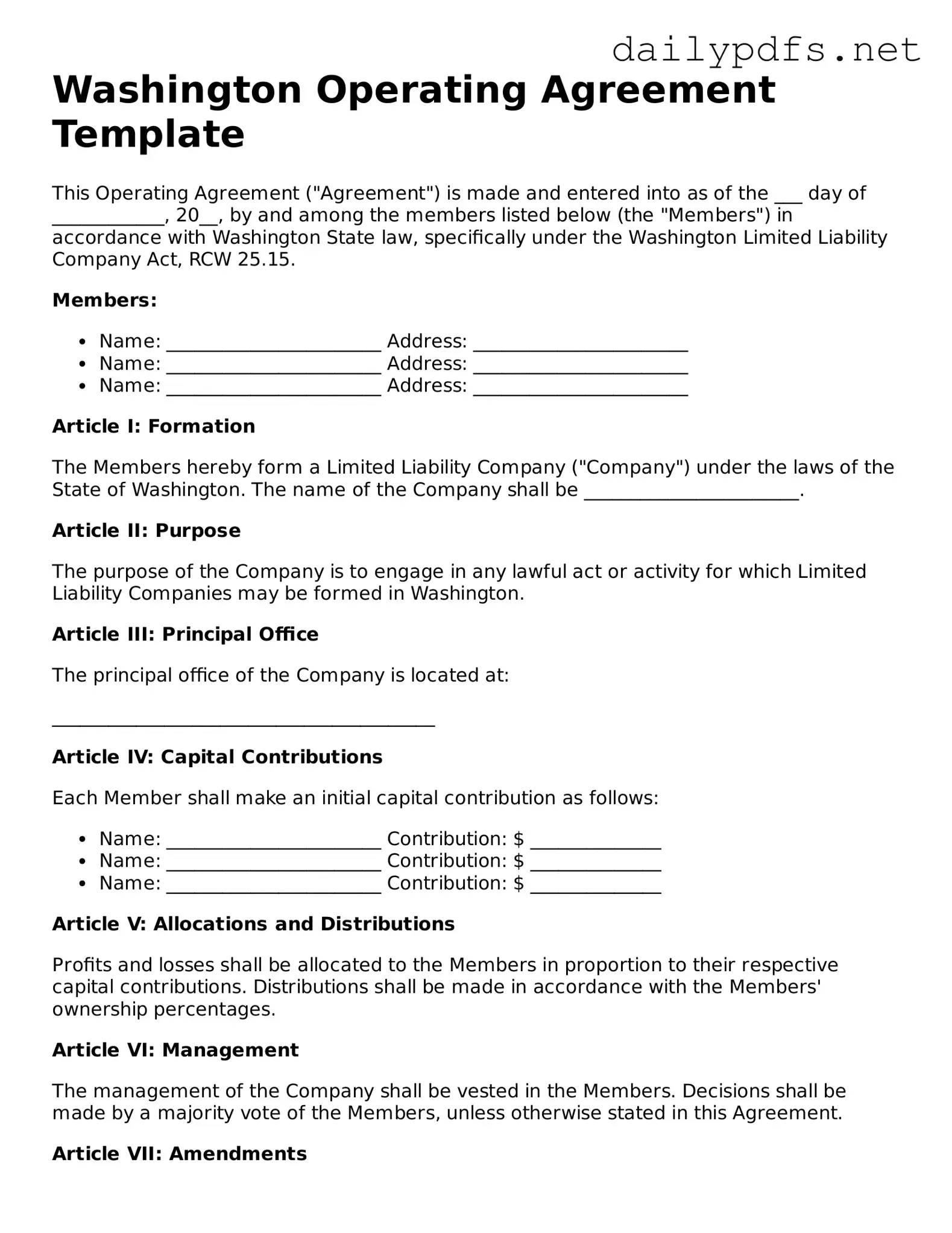 Free  Operating Agreement Template for Washington