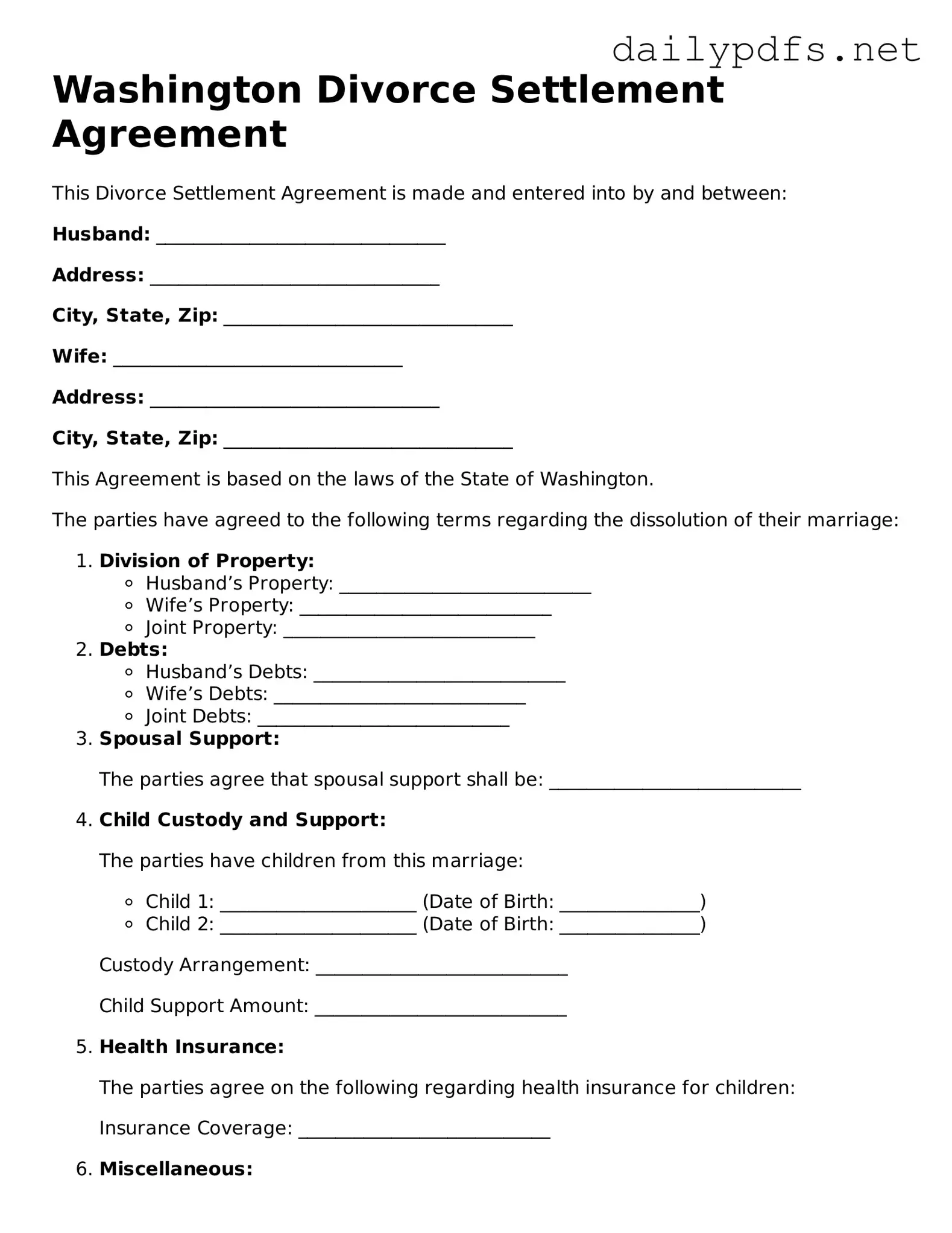 Free  Divorce Settlement Agreement Template for Washington