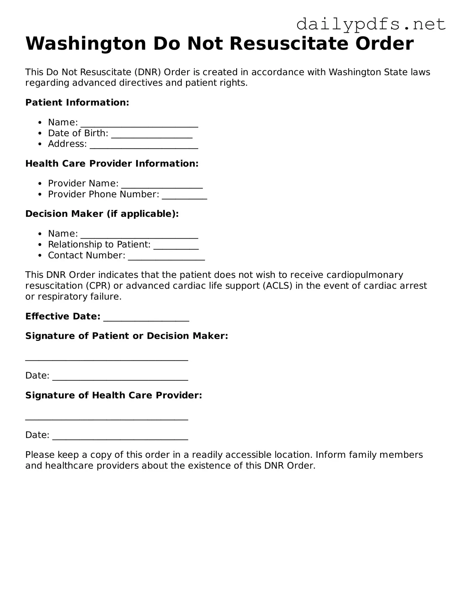 Free  Do Not Resuscitate Order Template for Washington