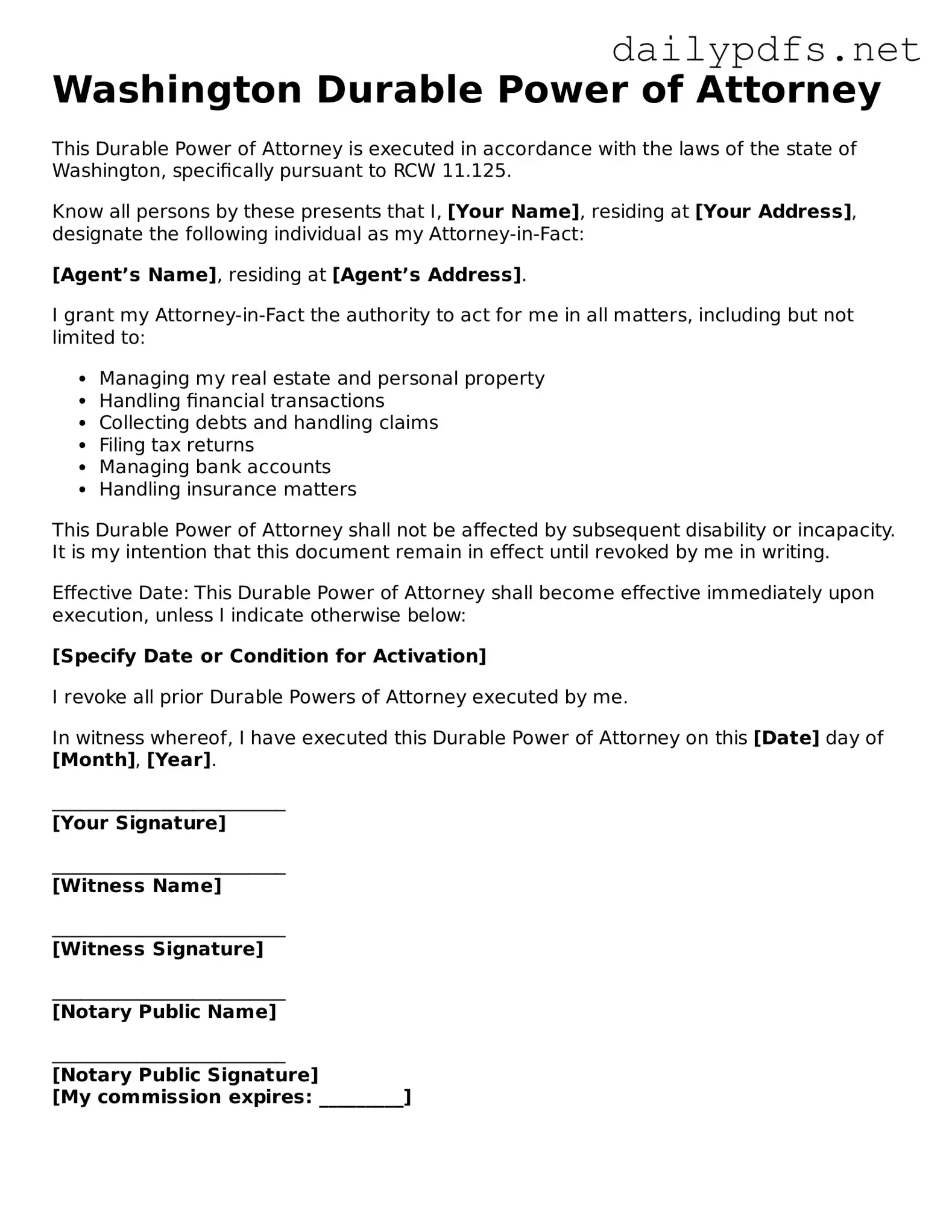 Free  Durable Power of Attorney Template for Washington