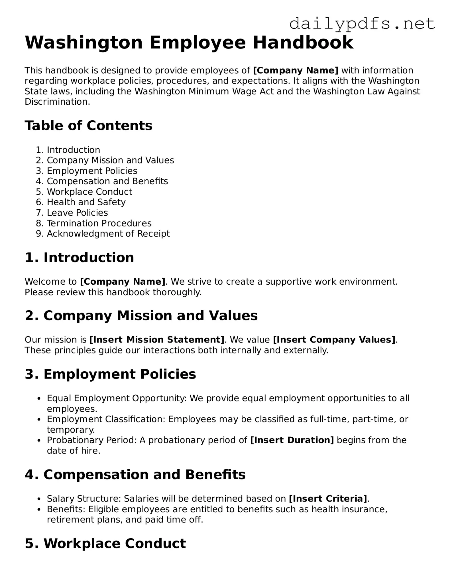 Free  Employee Handbook Template for Washington