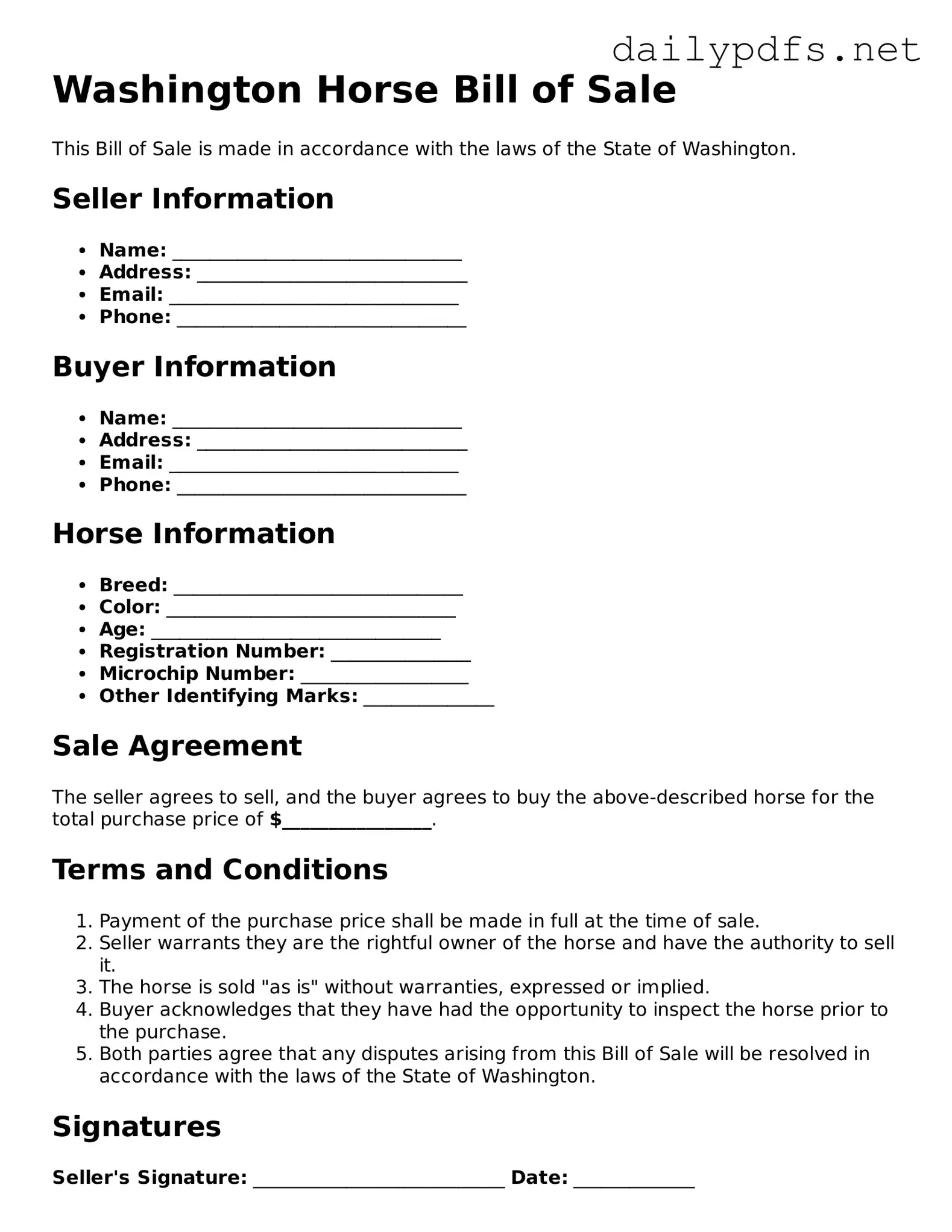 Free  Horse Bill of Sale Template for Washington