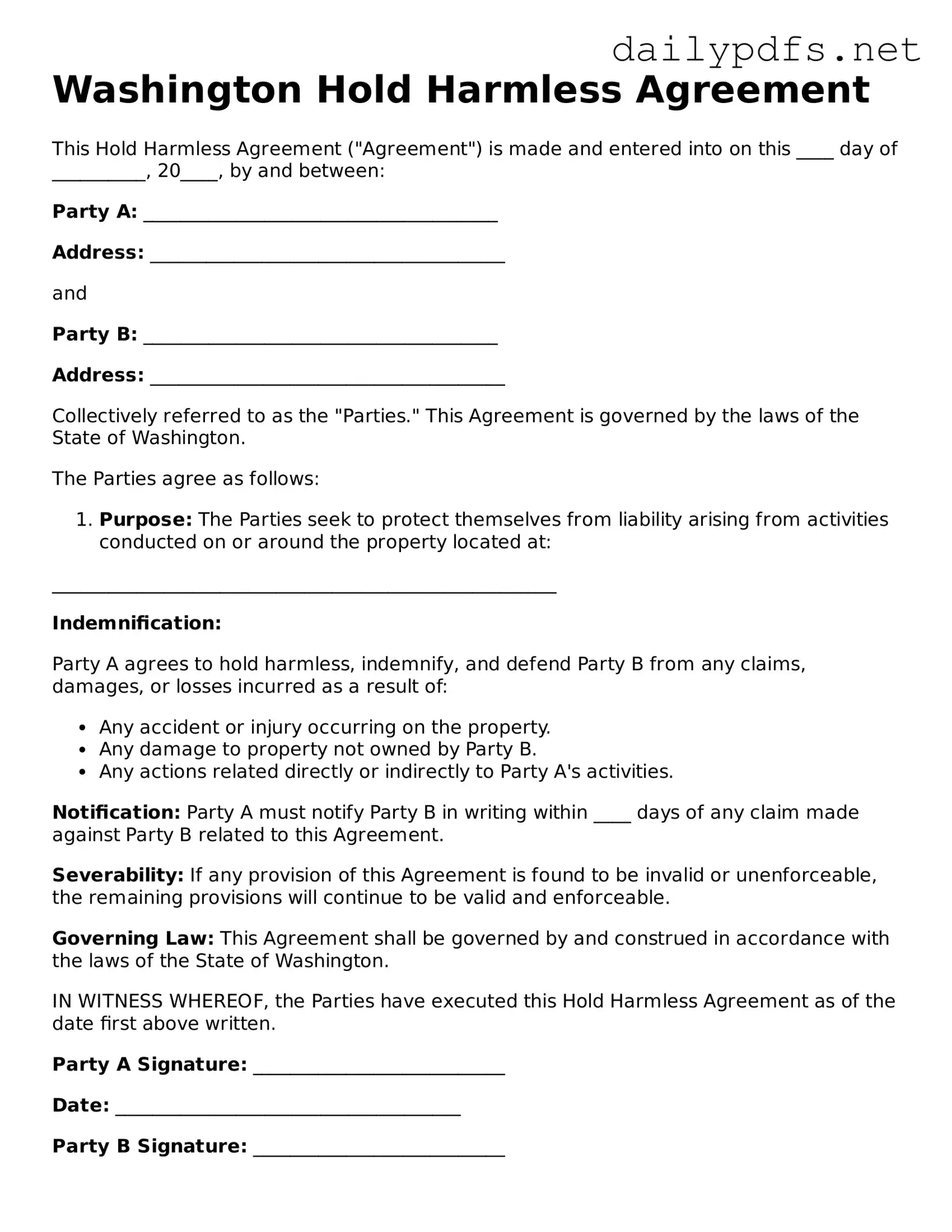 Free  Hold Harmless Agreement Template for Washington