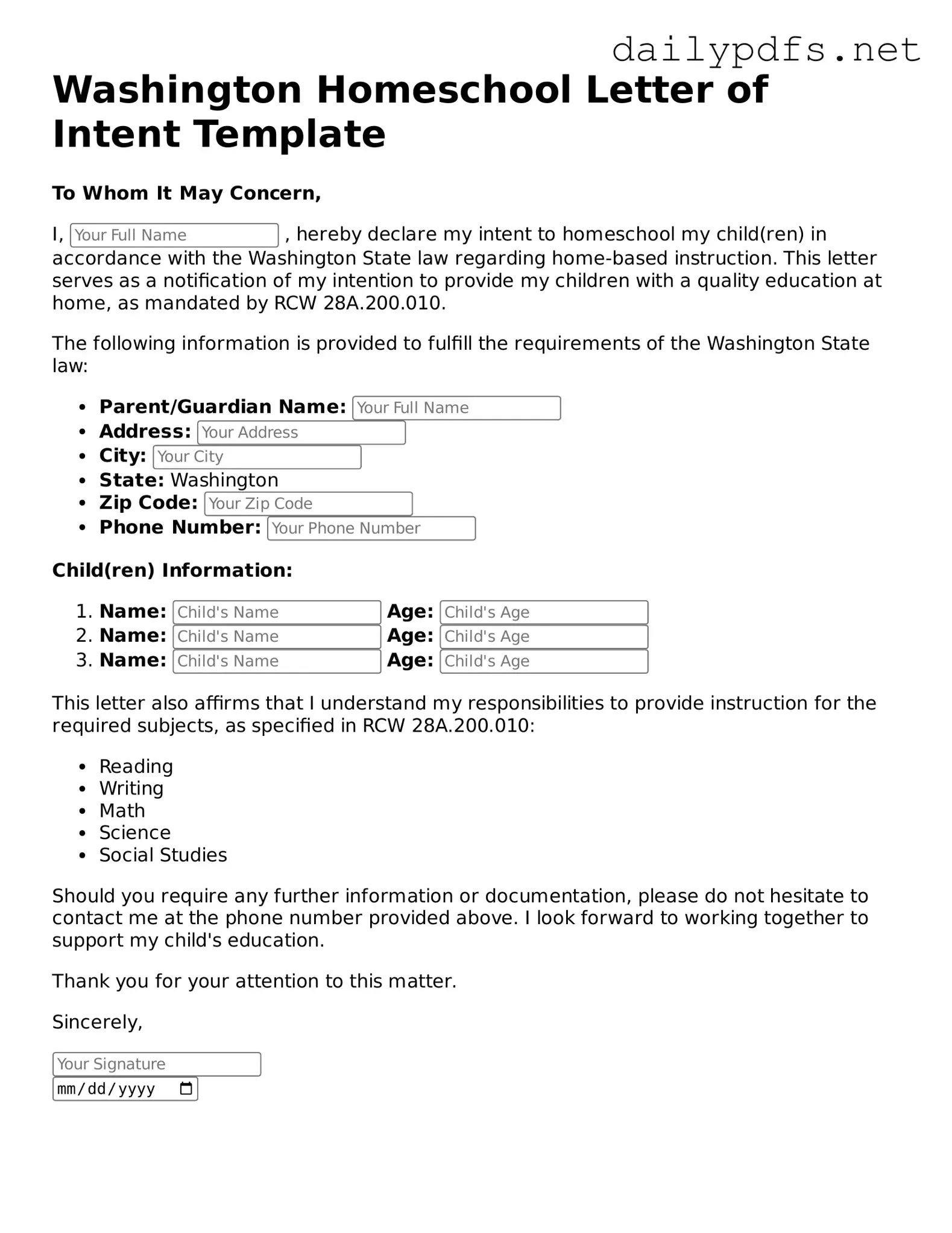 Free  Homeschool Letter of Intent Template for Washington