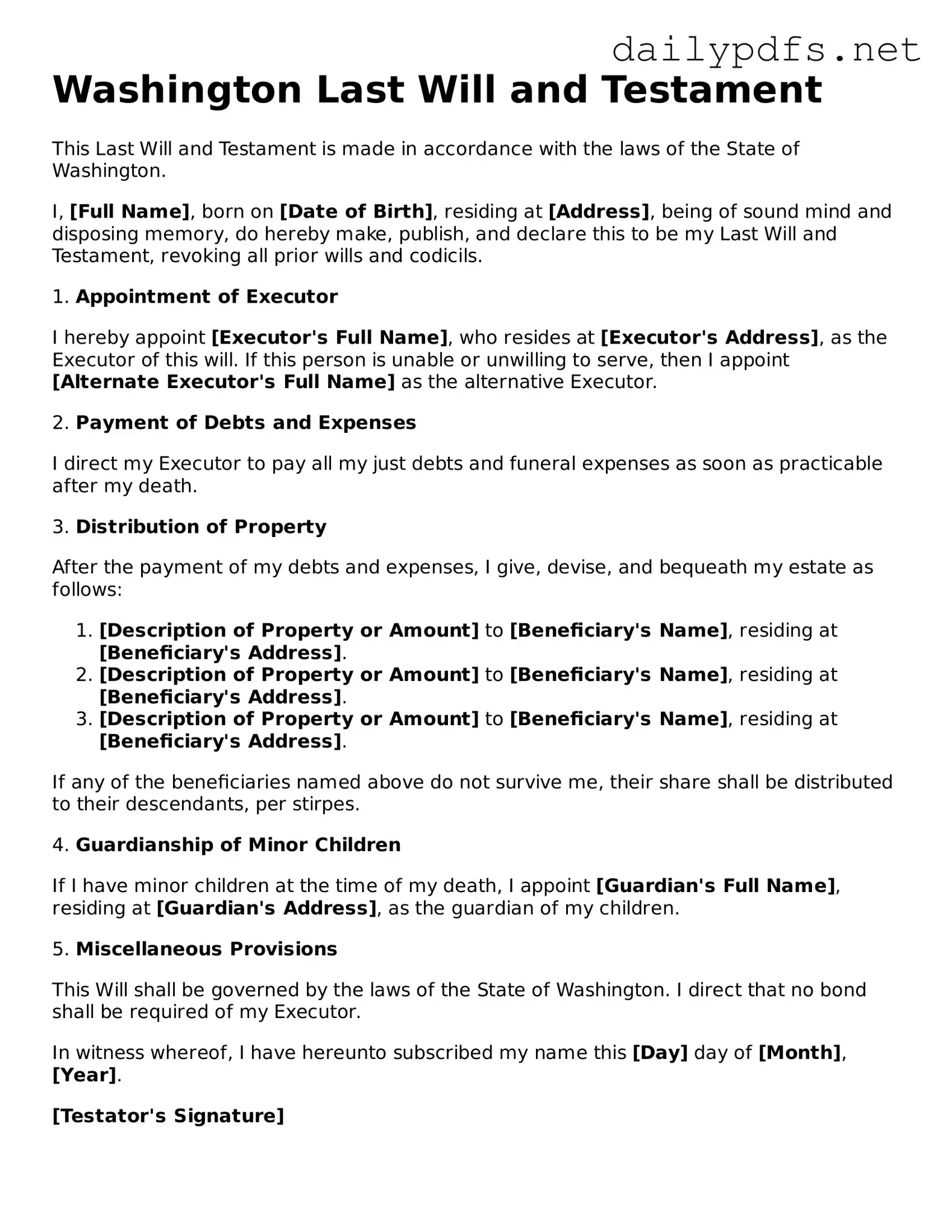 Free  Last Will and Testament Template for Washington