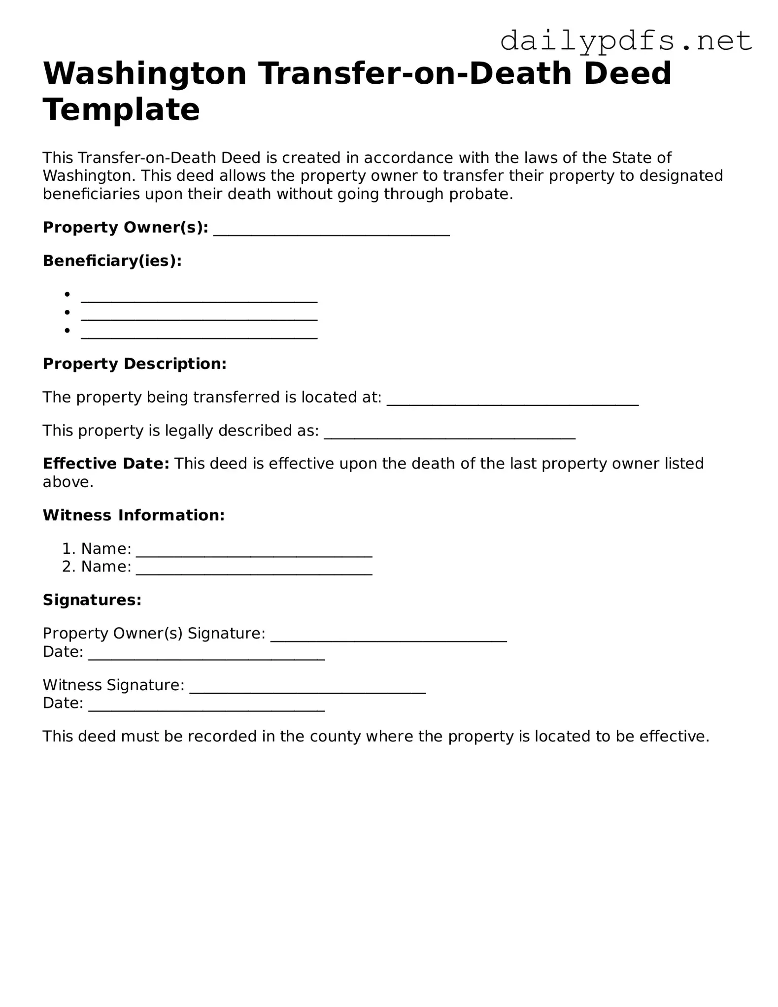 Free  Transfer-on-Death Deed Template for Washington
