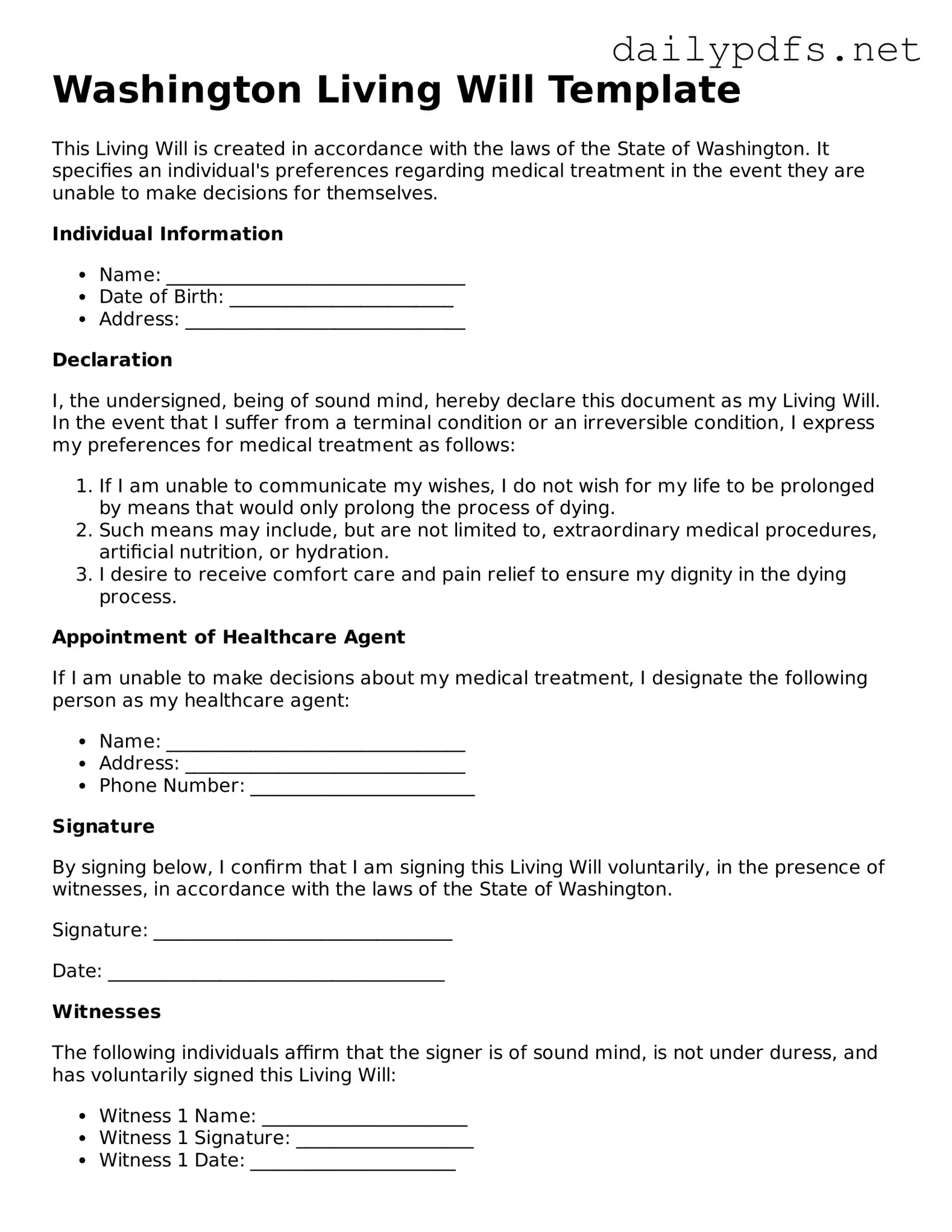 Free  Living Will Template for Washington