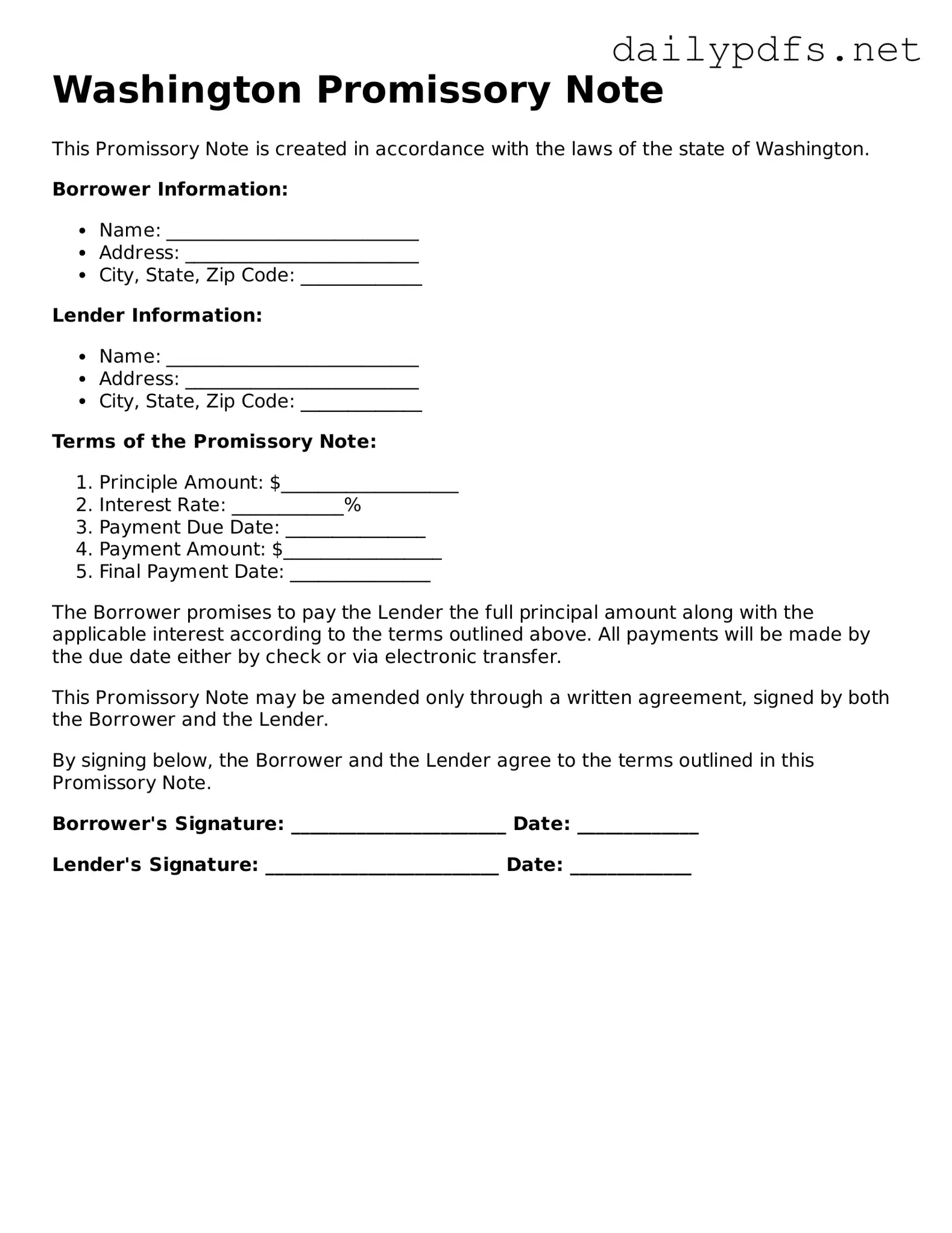 Free  Promissory Note Template for Washington
