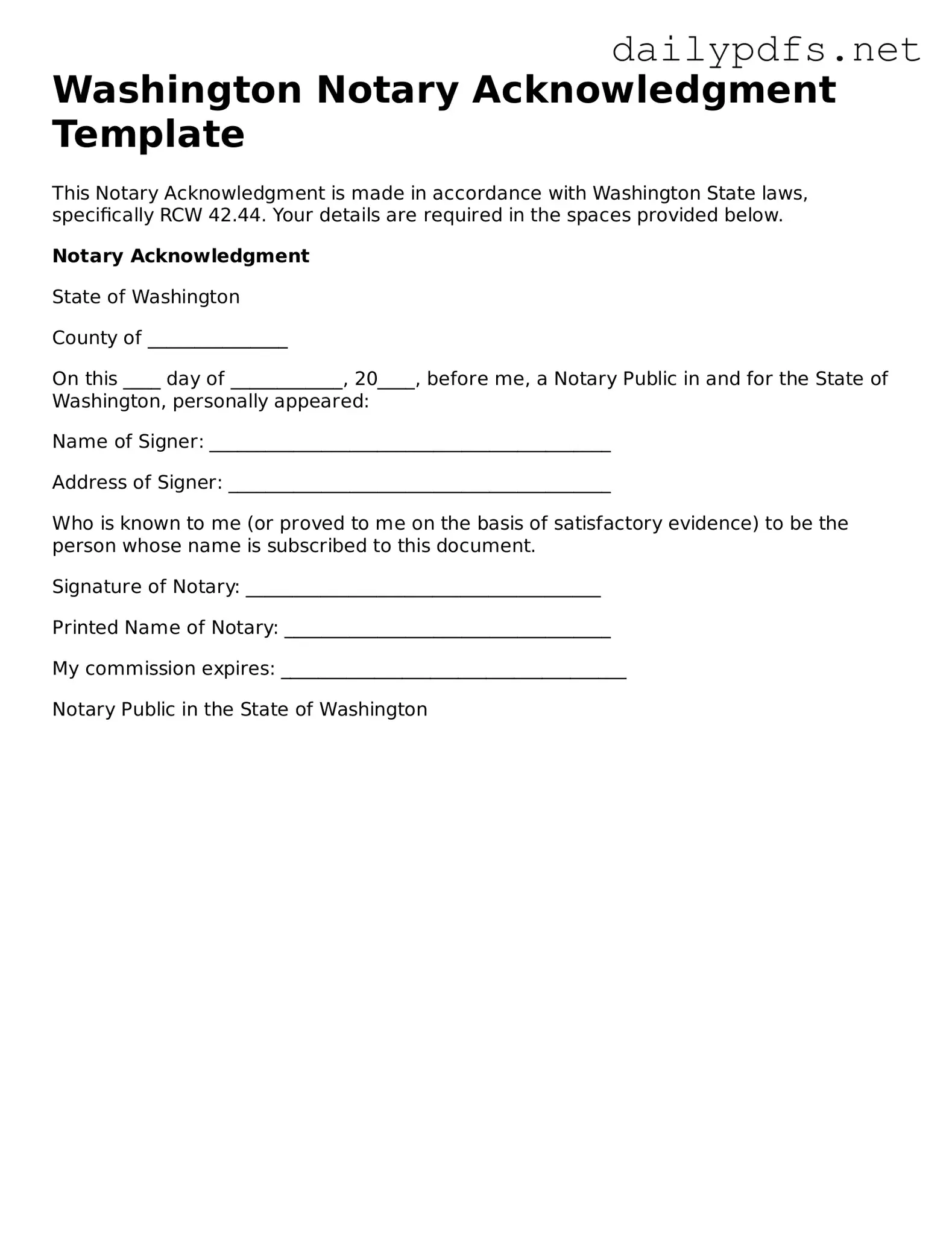 Free  Notary Acknowledgement Template for Washington