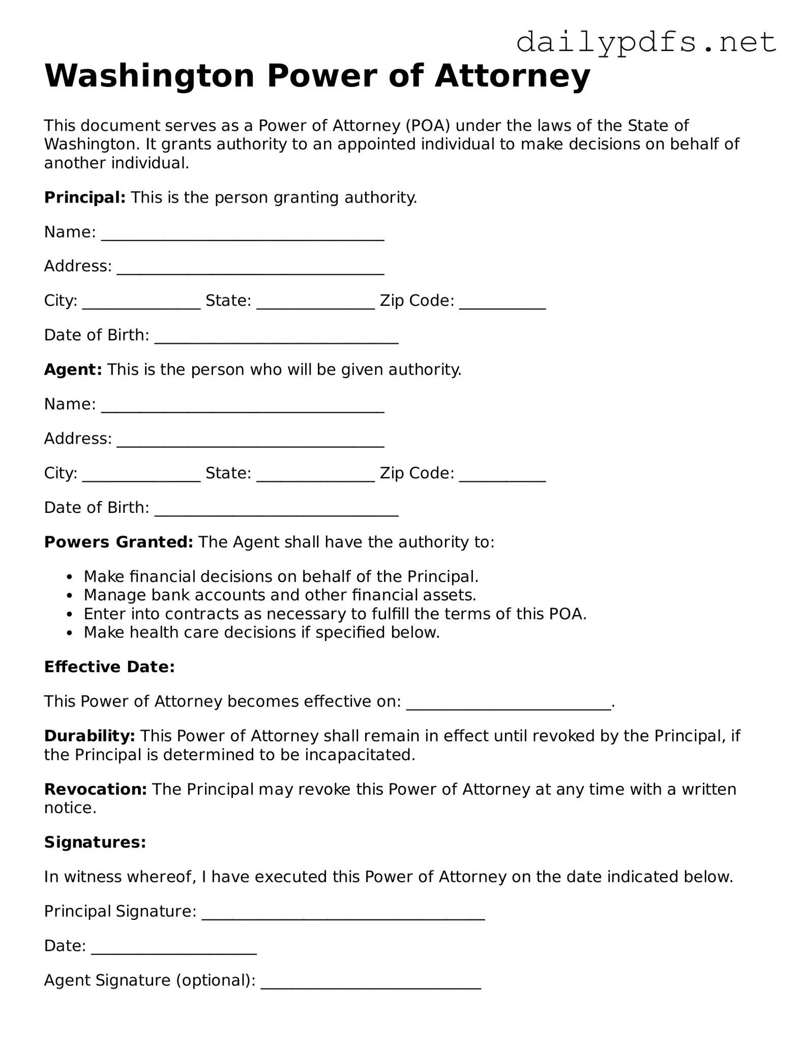Free  Power of Attorney Template for Washington