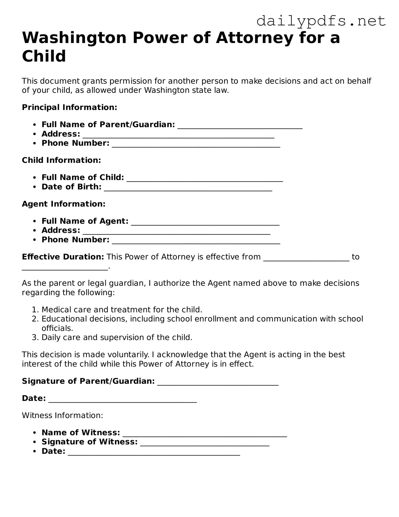 Free  Power of Attorney for a Child Template for Washington