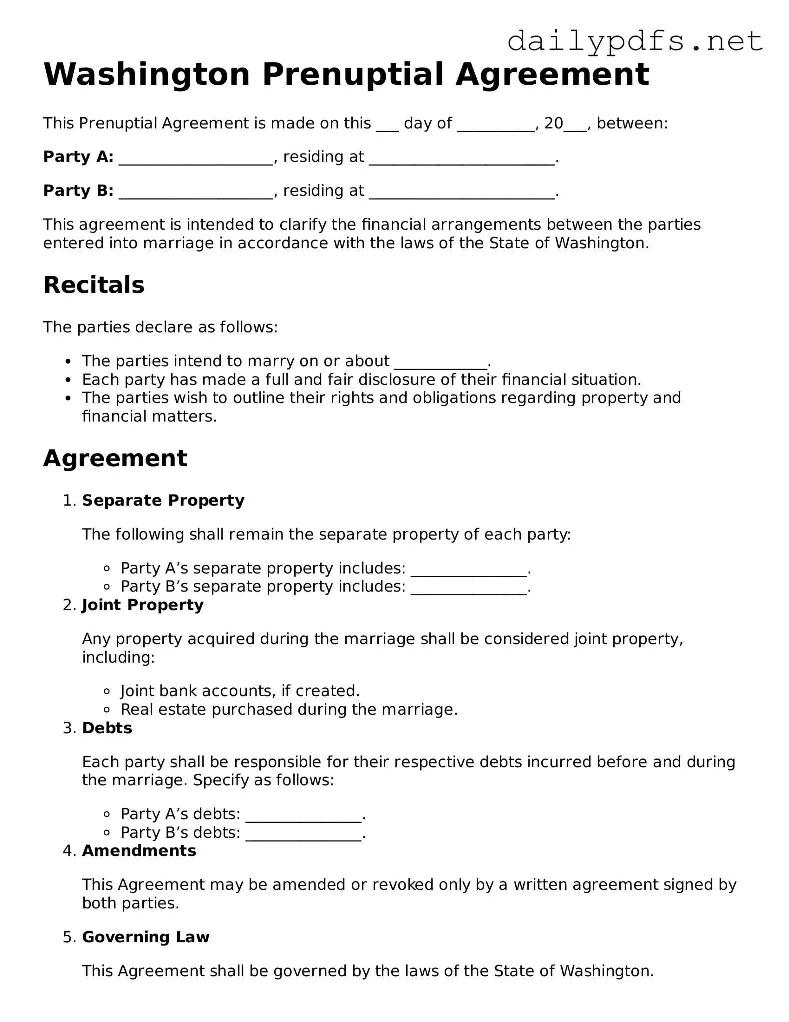 Free  Prenuptial Agreement Template for Washington