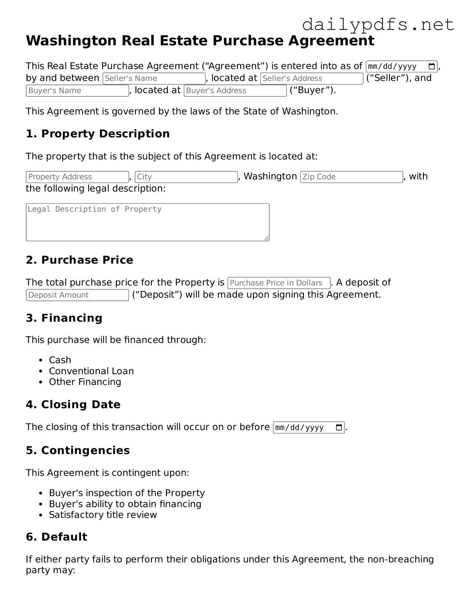 Free  Real Estate Purchase Agreement Template for Washington