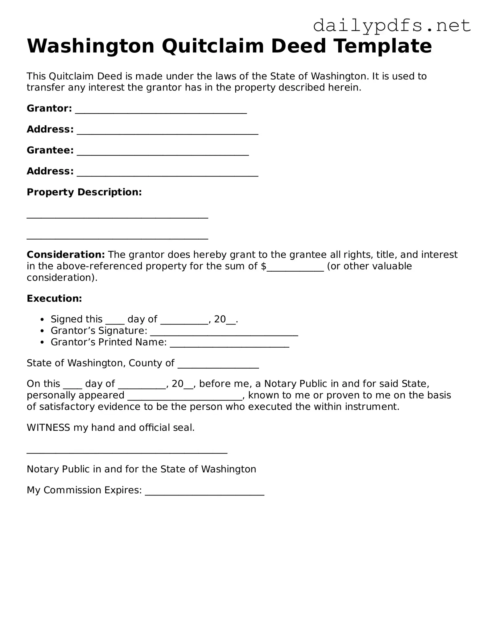 Free  Quitclaim Deed Template for Washington