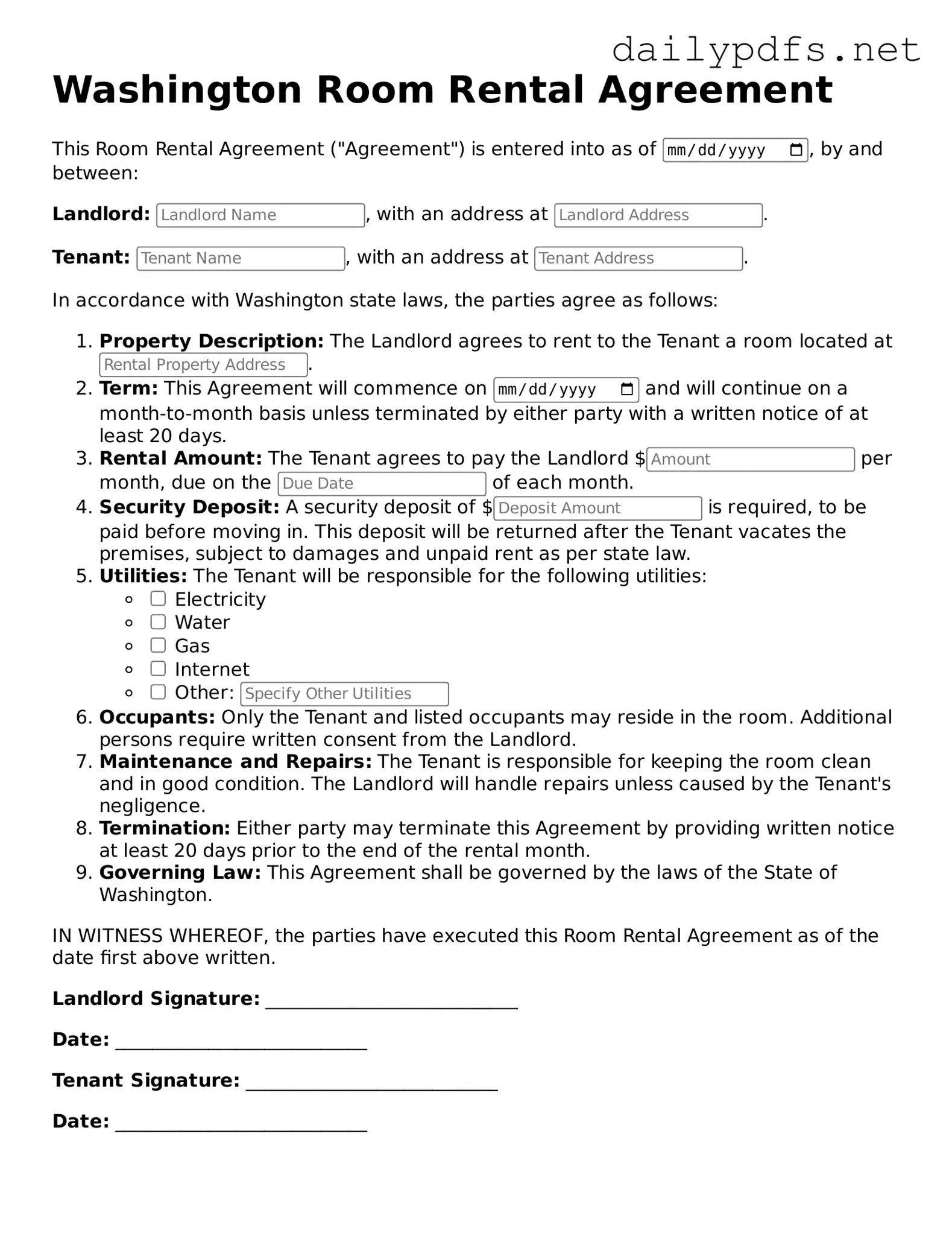 Free  Room Rental Agreement Template for Washington