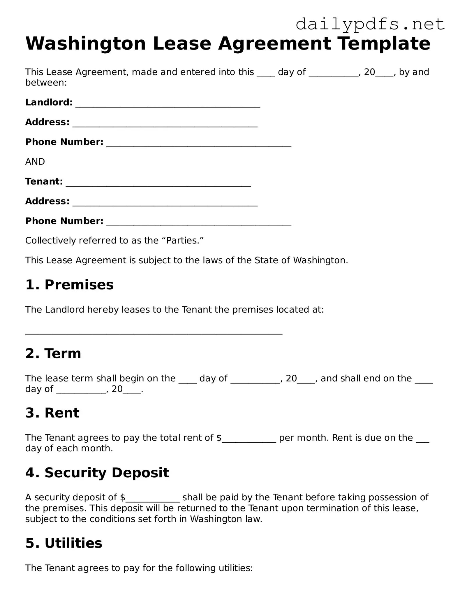 Free  Lease Agreement Template for Washington