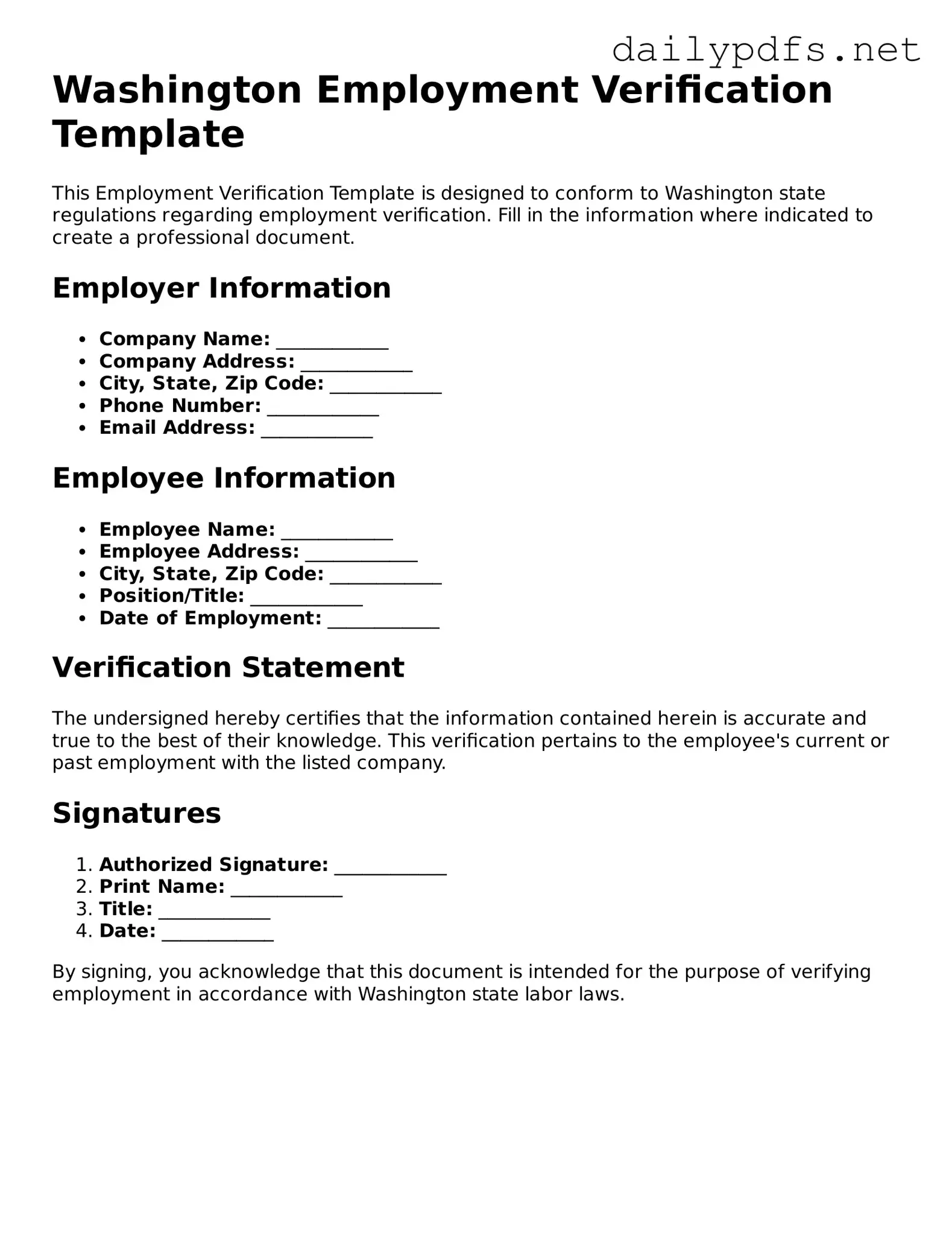 Free  Employment Verification Template for Washington