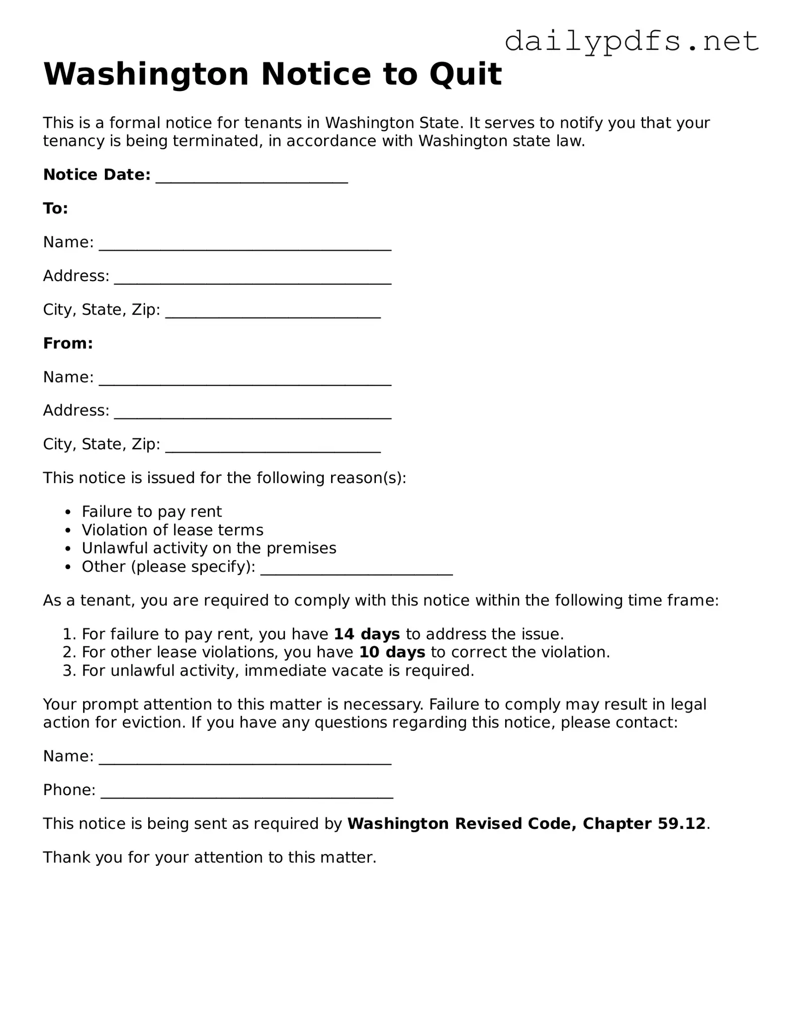 Free  Notice to Quit Template for Washington