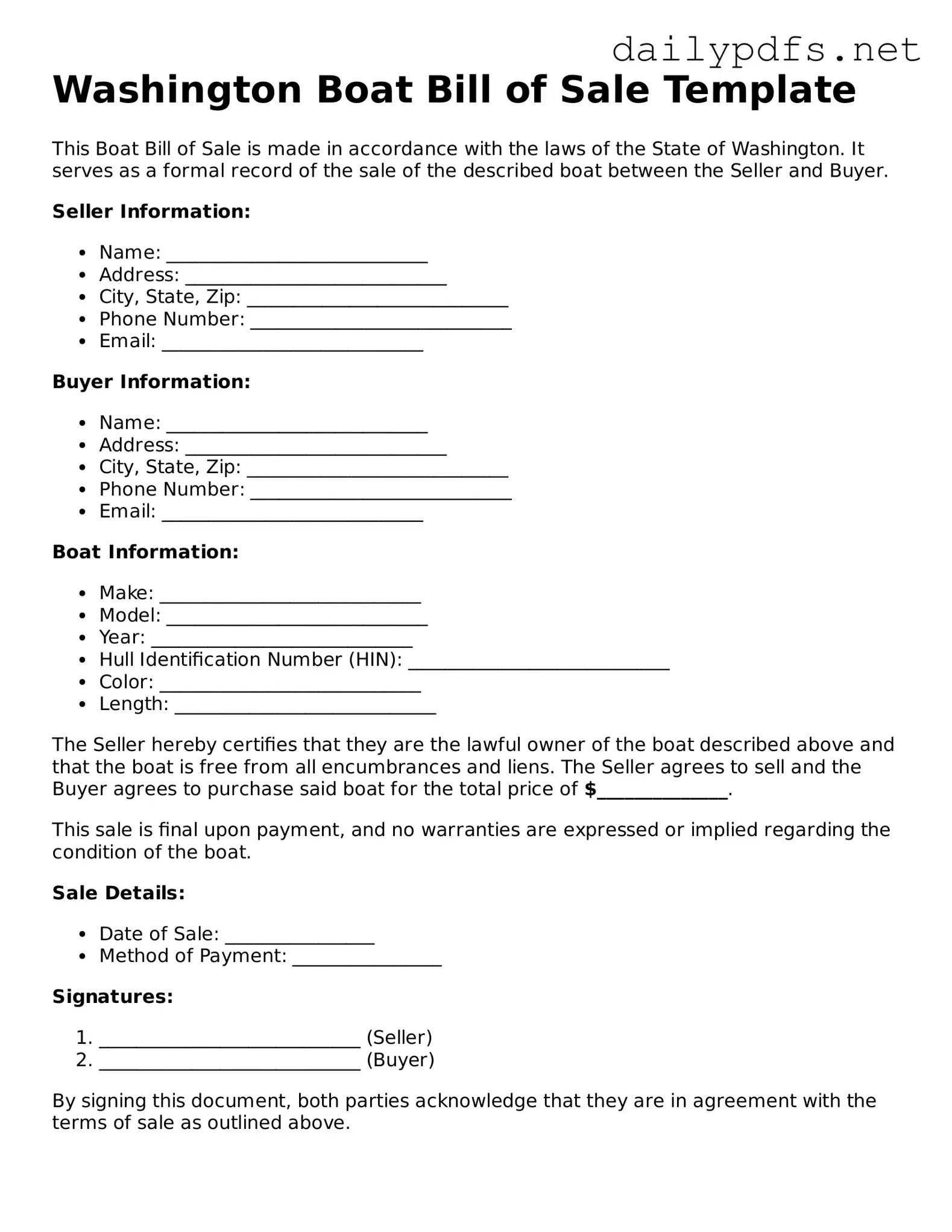 Free  Boat Bill of Sale Template for Washington