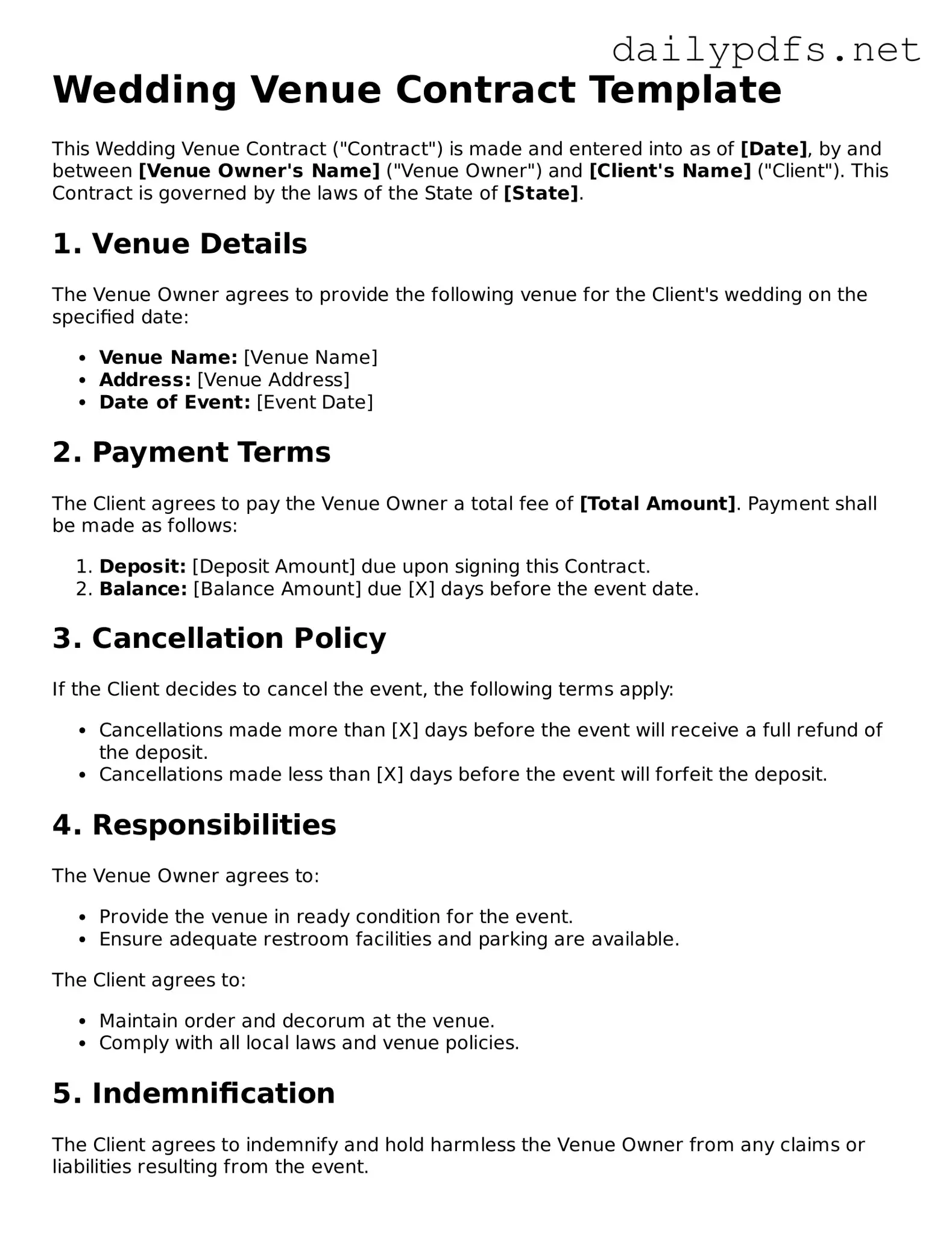 Printable Wedding Venue Contract Document